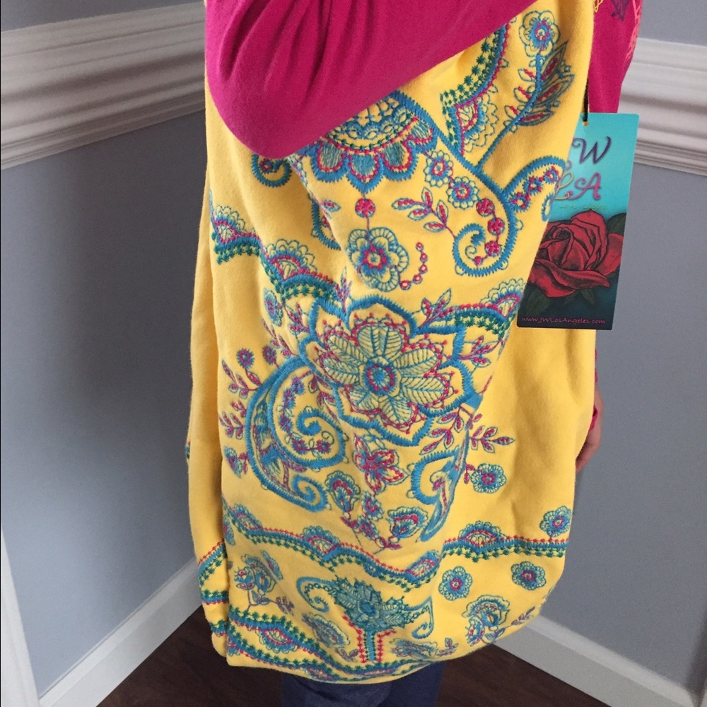 Johnny Was Yellow Floral Paisley Tote with Teal and Pink Embroidery